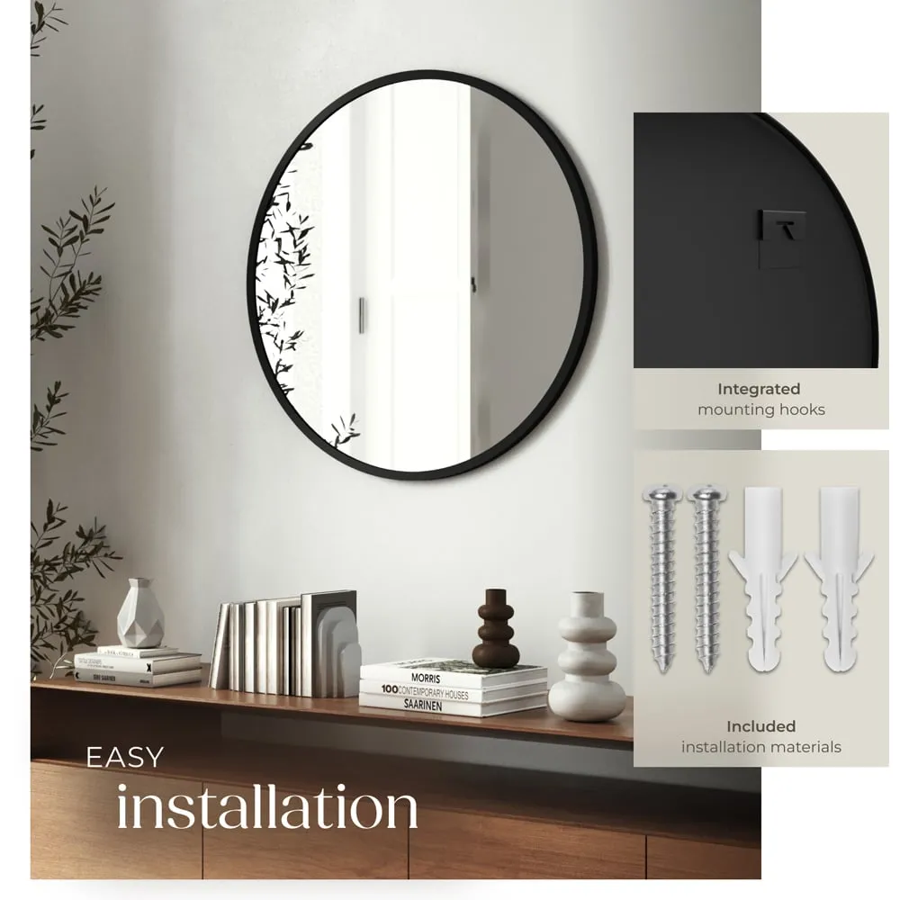 Fiona Round Wall Mounted Mirror 60cm - Black, Aluminium