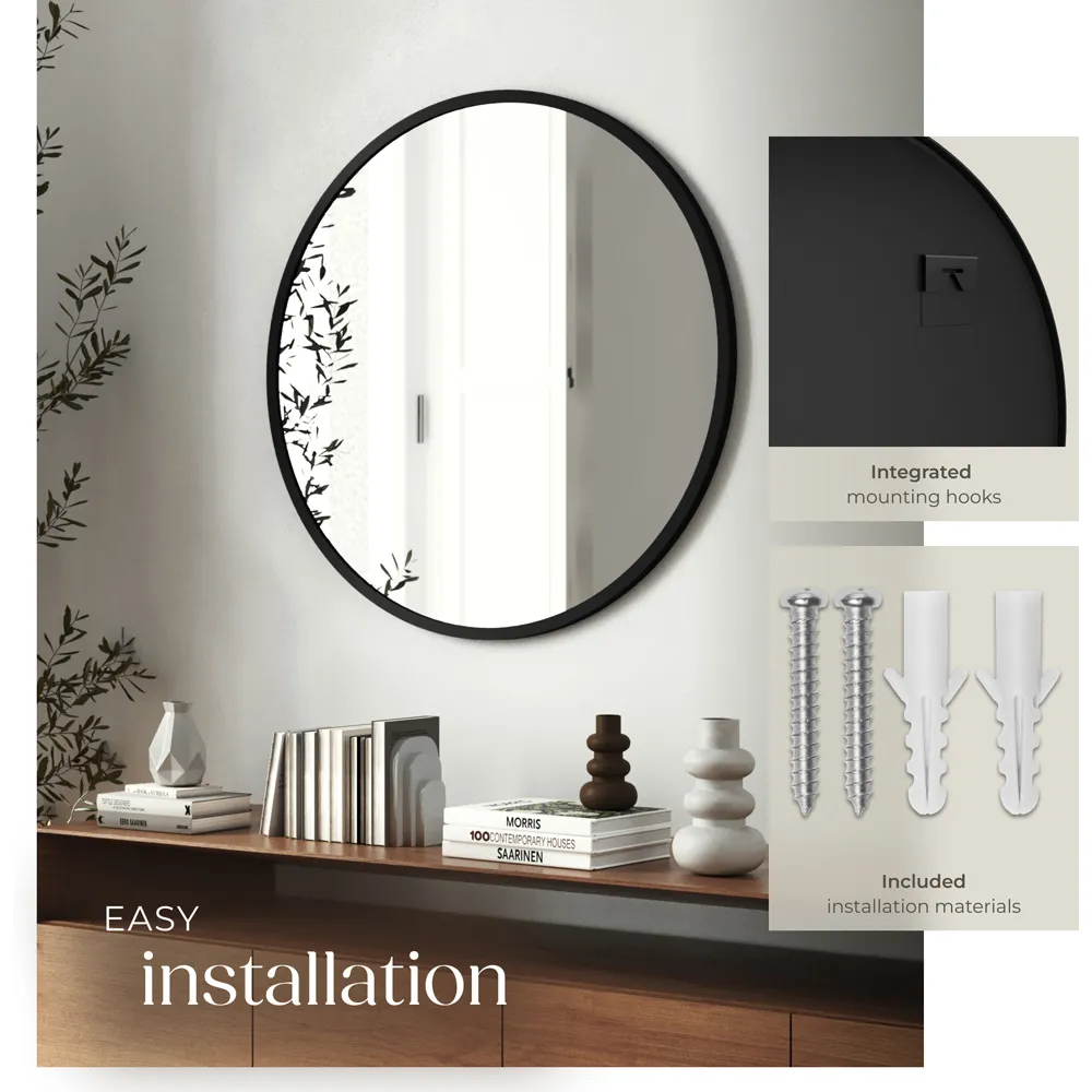 Fiona Round Wall Mounted Mirror 80cm - Black, Aluminium