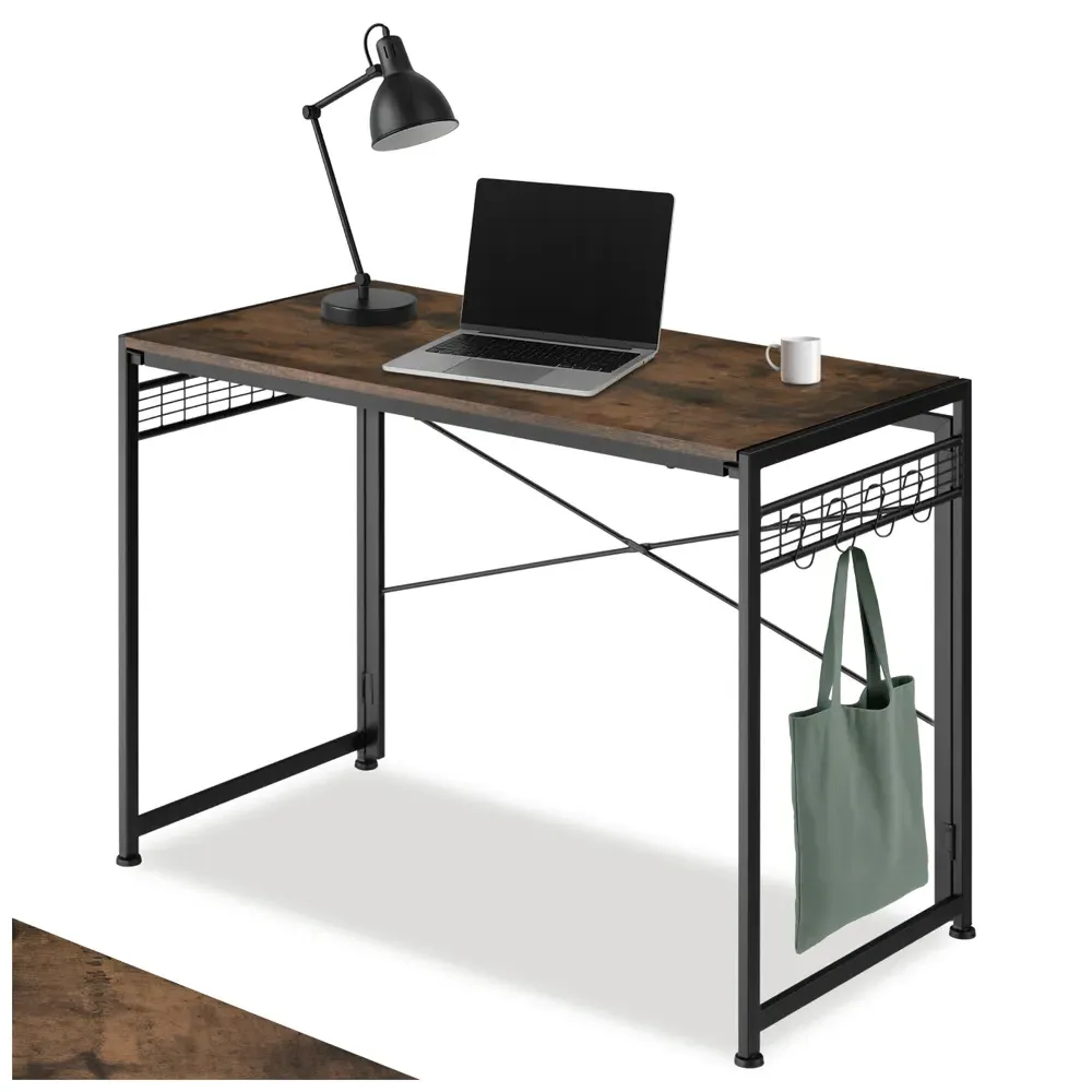 Foldable Desk with Storage Hooks - Dark Wood