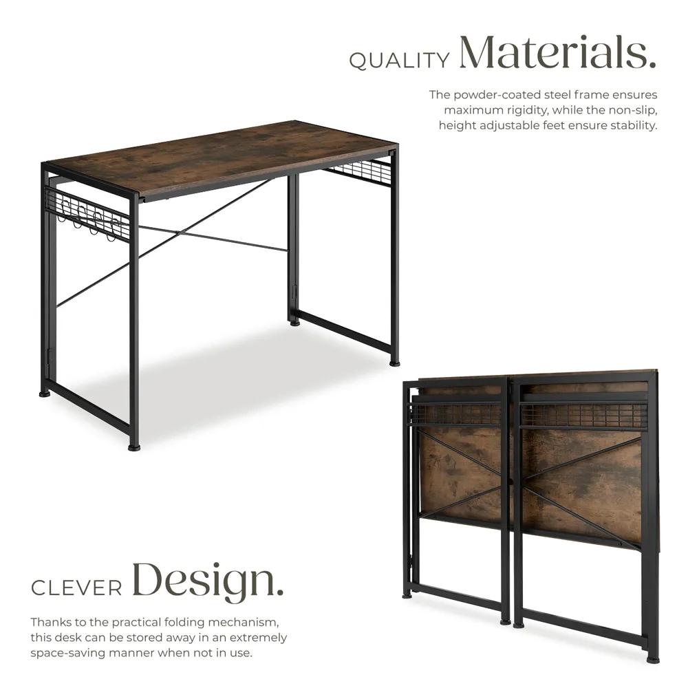 Foldable Desk with Storage Hooks - Dark Wood