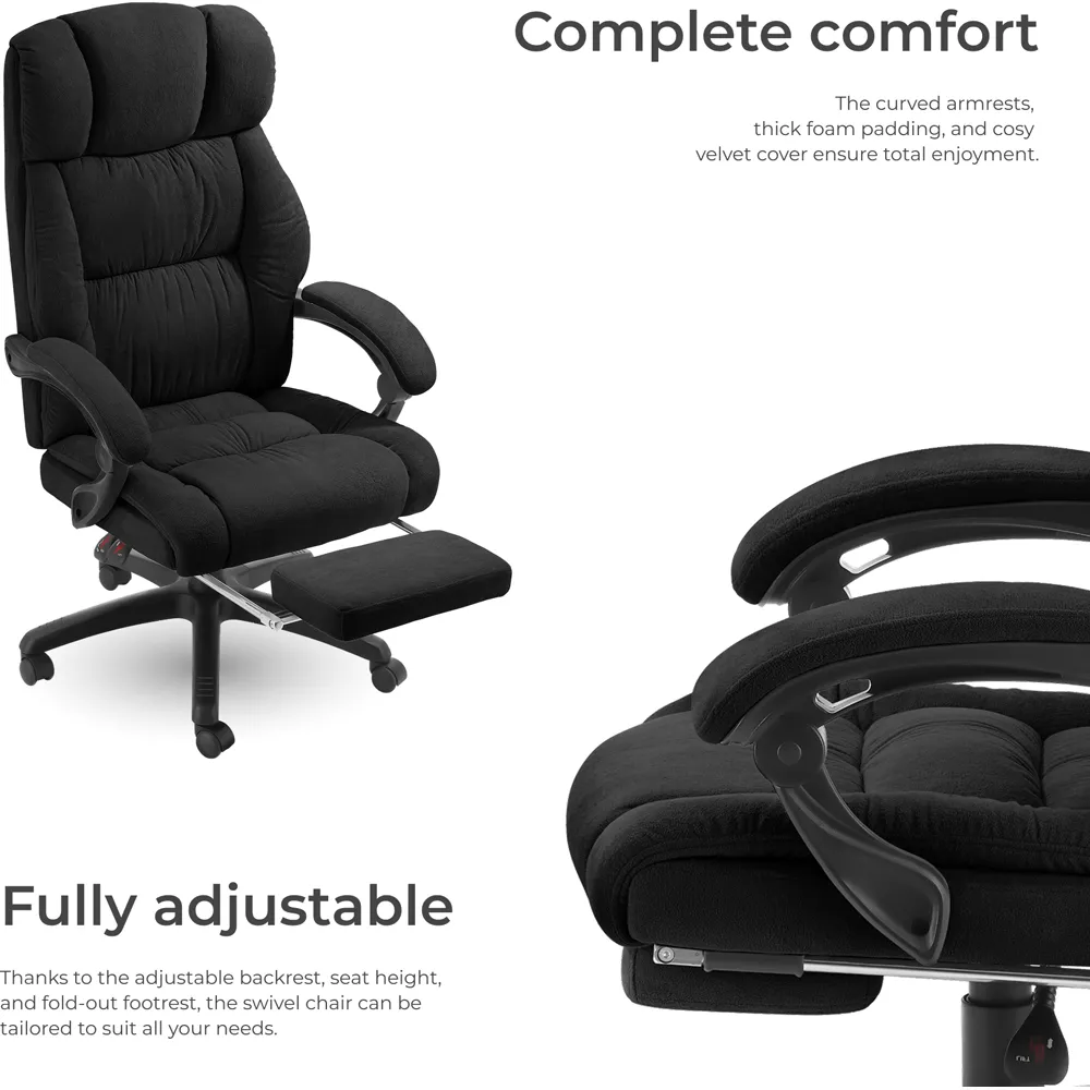 Gillian Swivel Office Chair with Folding Footrest - Black, Velour