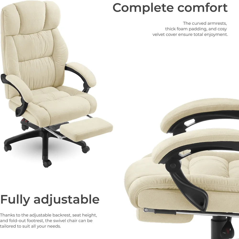 Gillian Swivel Office Chair with Folding Footrest - Cream, Velour