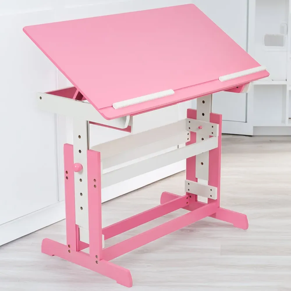 Height Adjustable Writing Desk with Drawer - Pink, Wood image