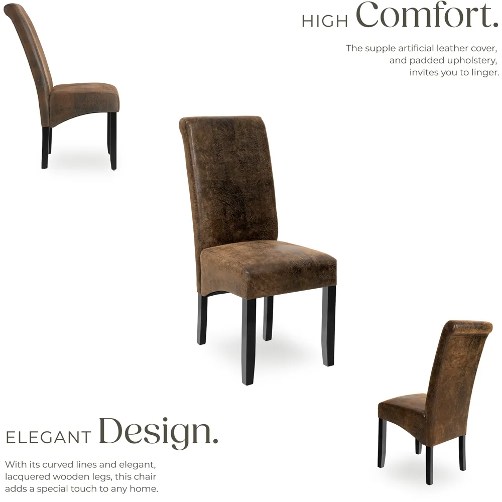 High Backrest Dining Chair - Brown, Faux Leather