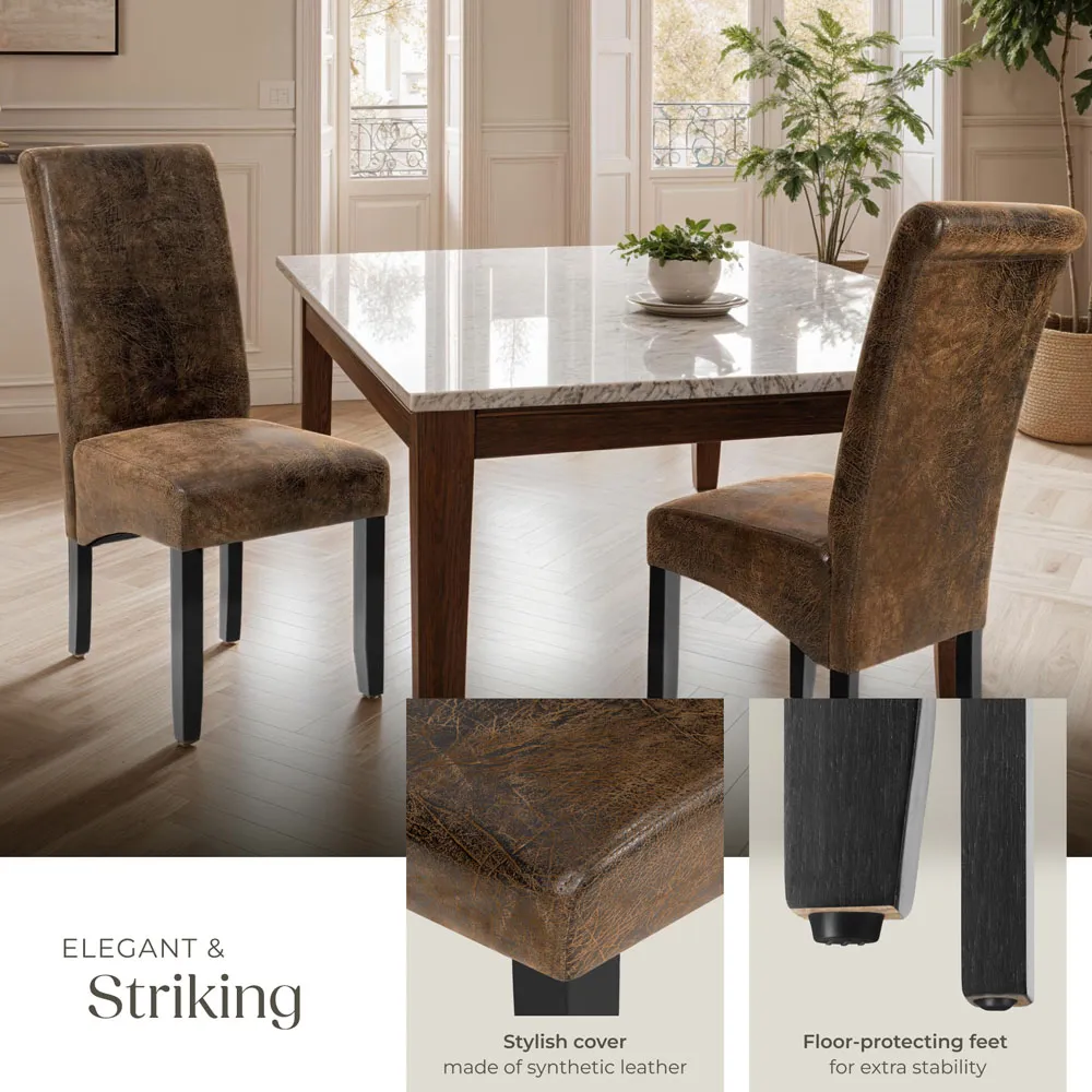 High Backrest Dining Chair - Brown, Faux Leather