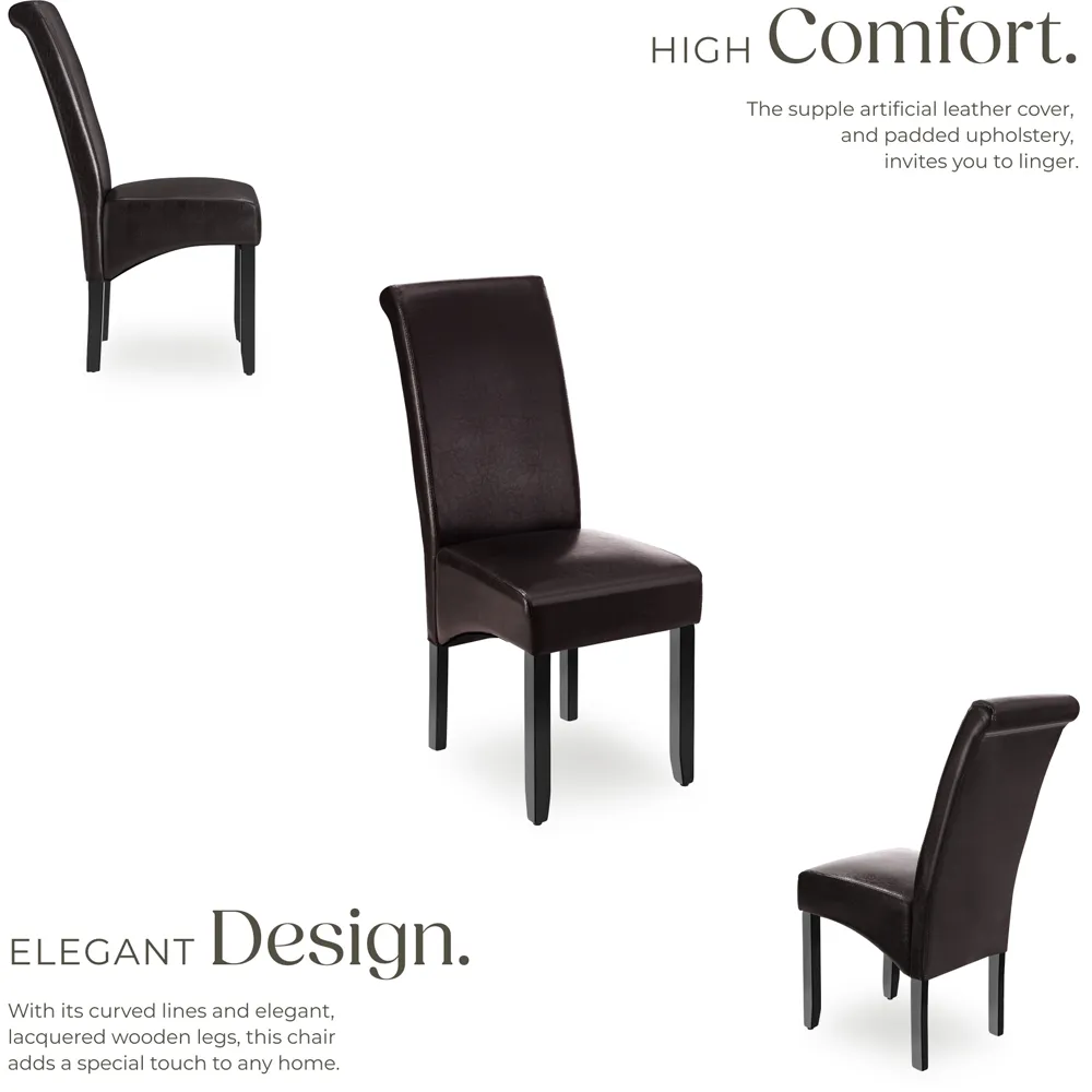 High Backrest Dining Chair - Brown, Faux Leather