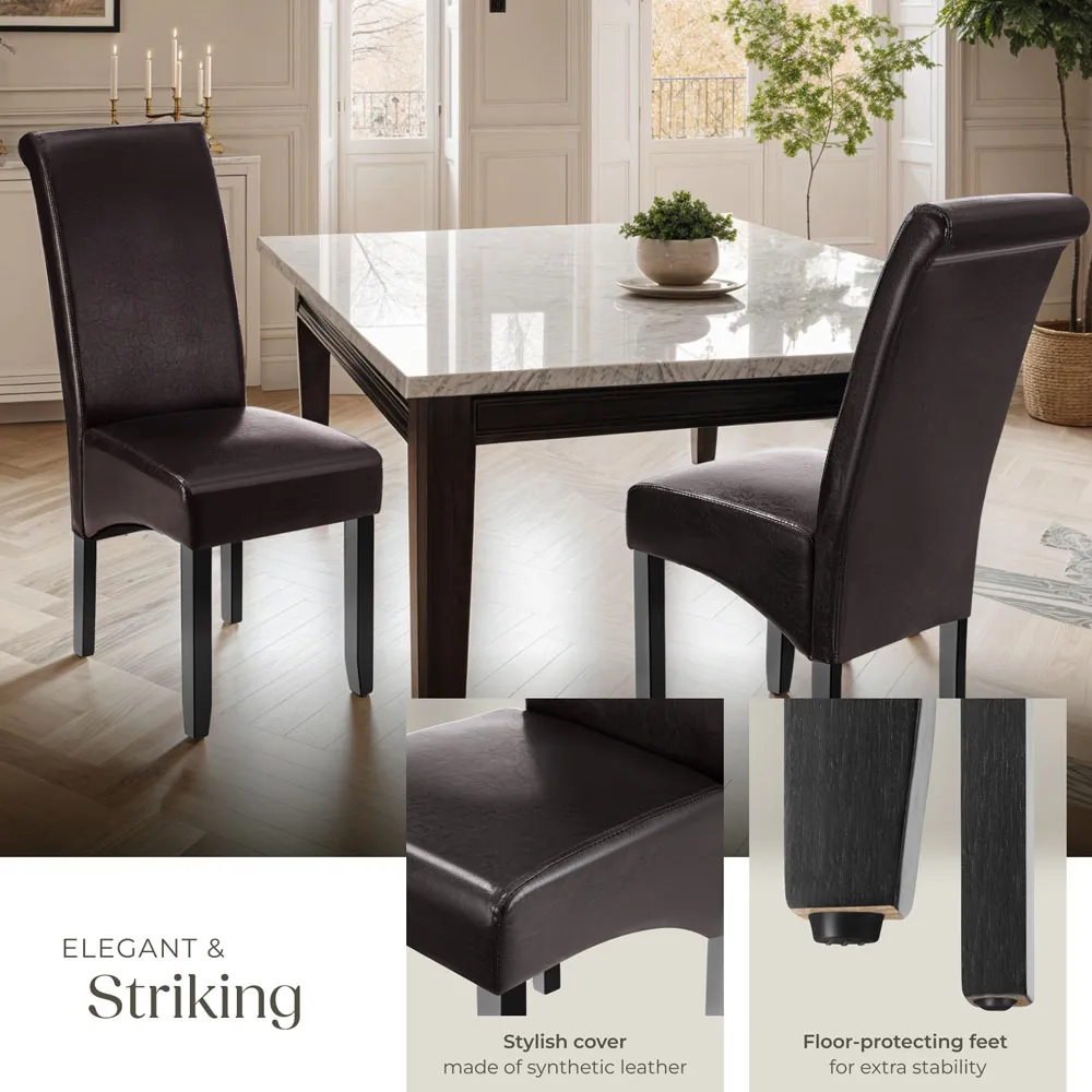 High Backrest Dining Chair - Brown, Faux Leather