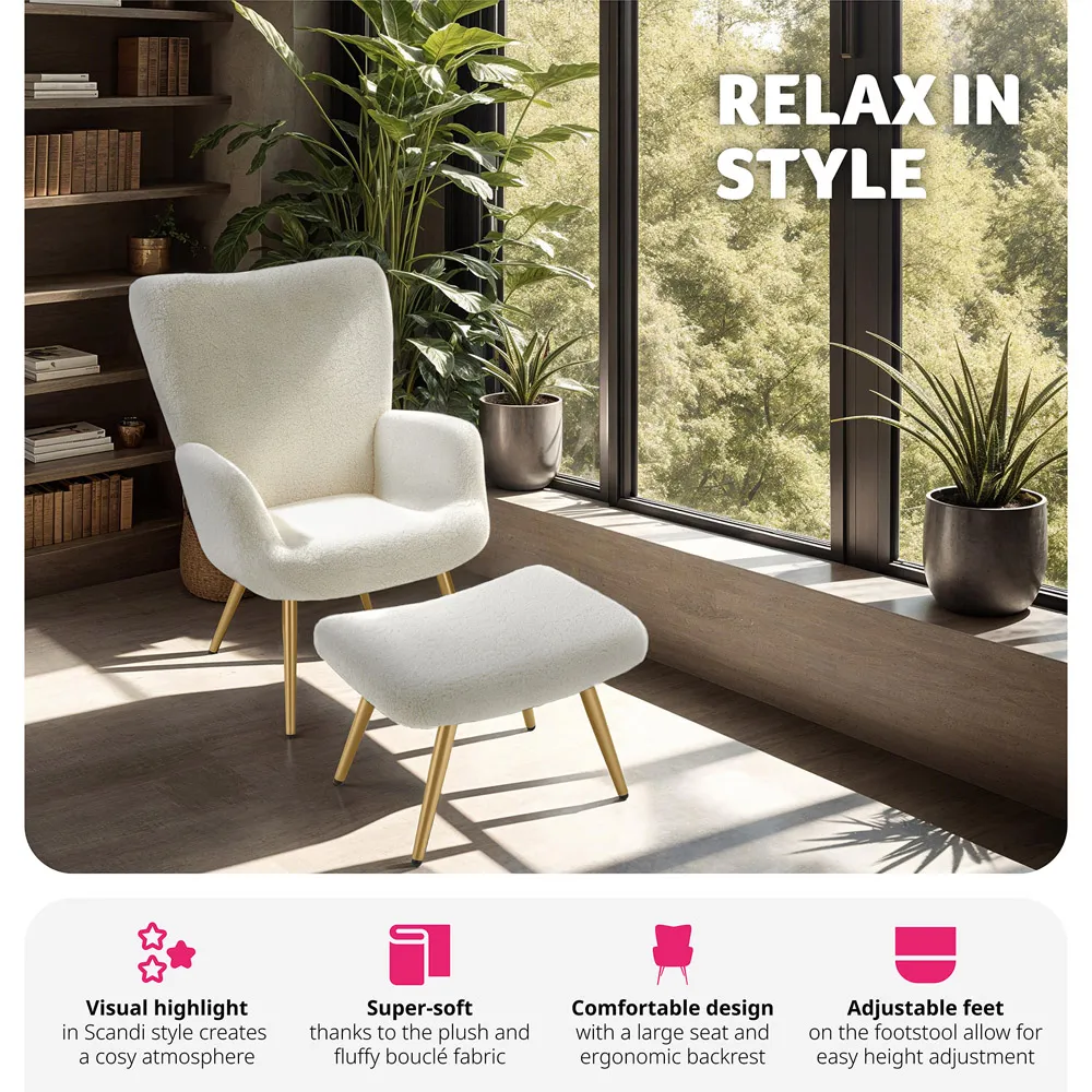 Hygge Armchair with Stool - Cream, Boucle