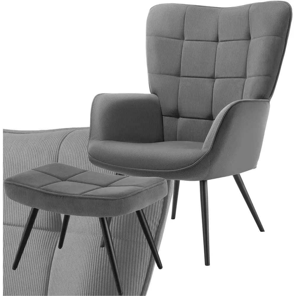 Hygge Fine Corduroy Armchair with Stool - Grey