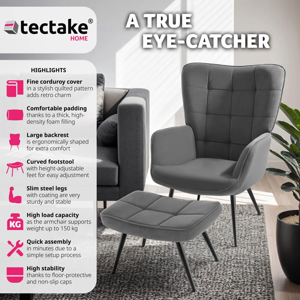 Hygge Fine Corduroy Armchair with Stool - Grey