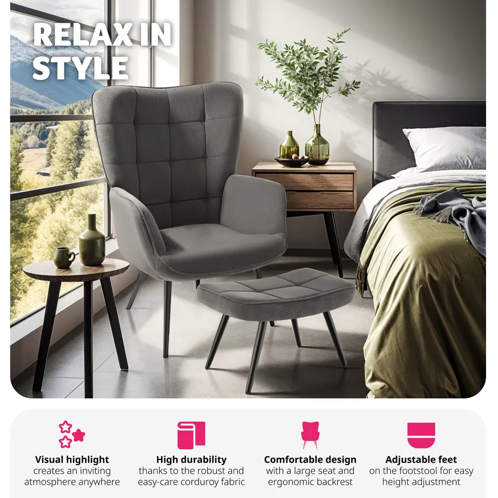 Hygge Fine Corduroy Armchair with Stool - Grey