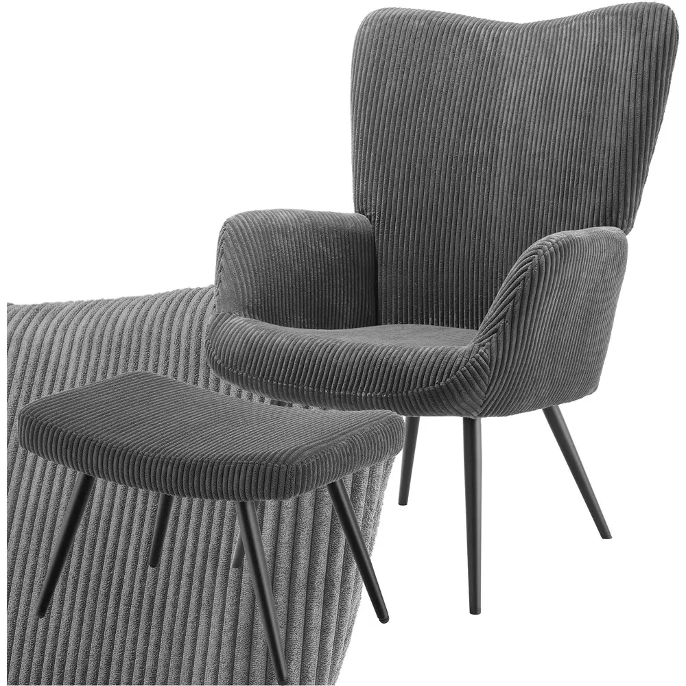 Hygge Wide Corduroy Armchair with Stool - Grey
