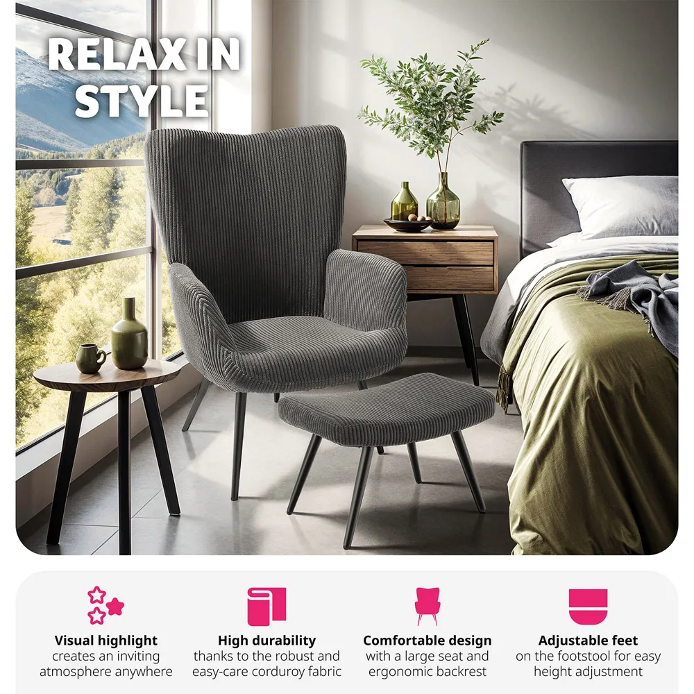 Hygge Wide Corduroy Armchair with Stool - Grey