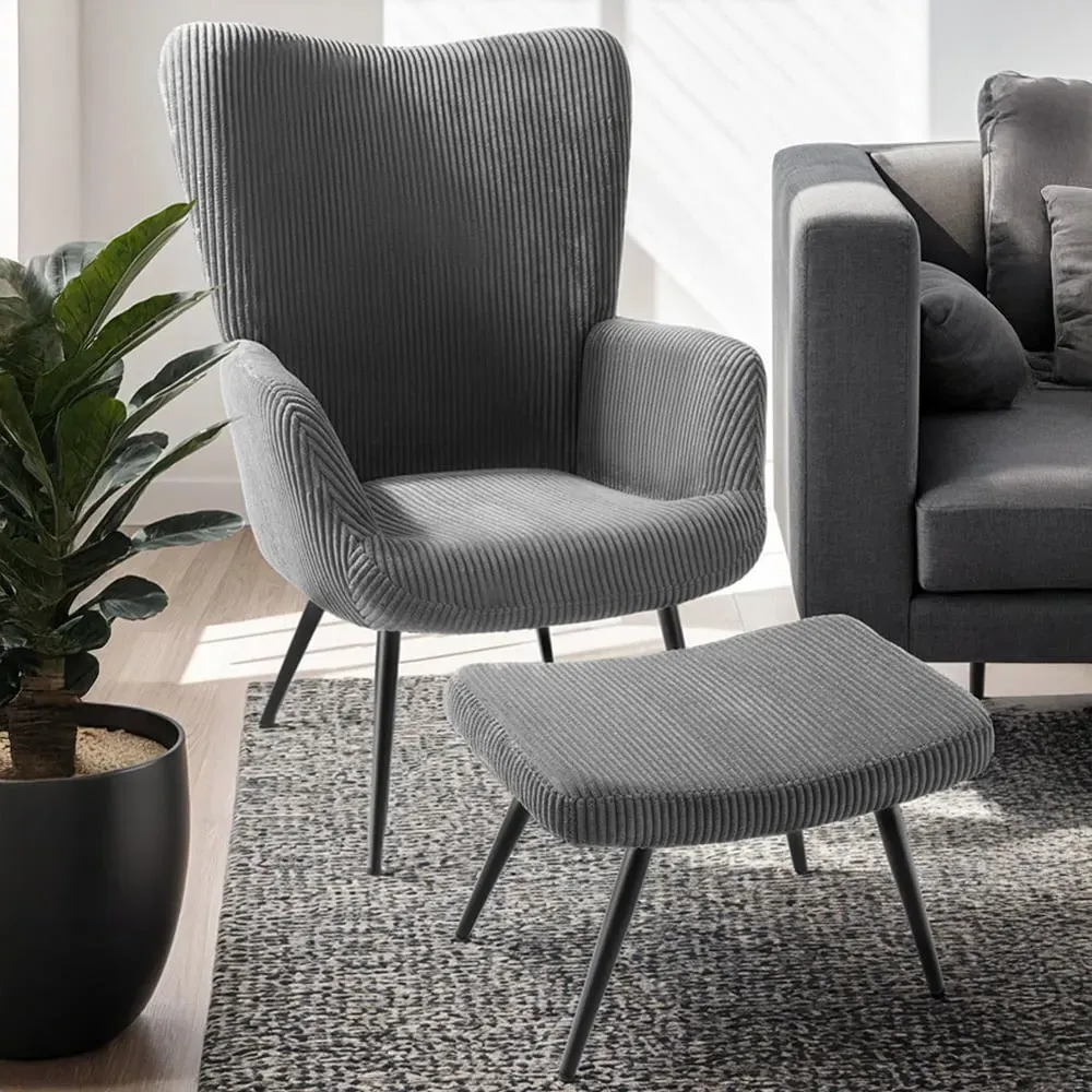 Hygge Wide Corduroy Armchair with Stool - Grey