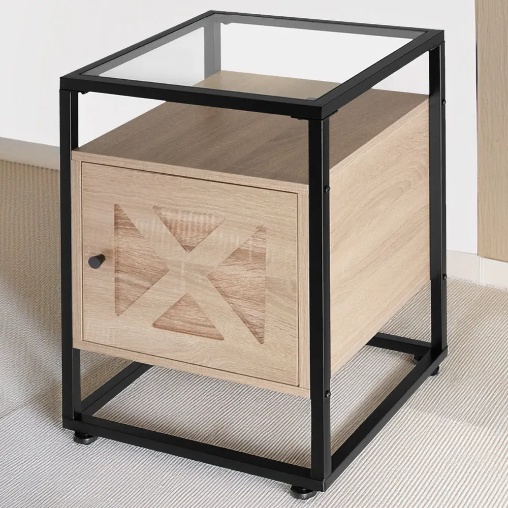 Kidderminster Bedside Table - Light Oak, Glass