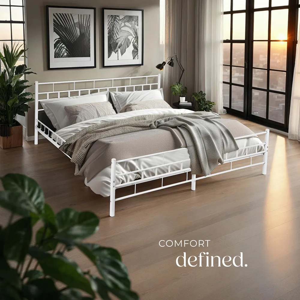 King Size Metal Bed Frame with Slatted Base - White