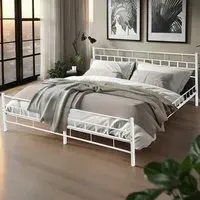 King Size Metal Bed Frame with Slatted Base - White