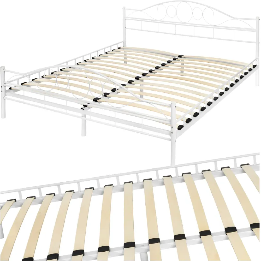 King Size Metal Bed Frame with Slatted Base - White