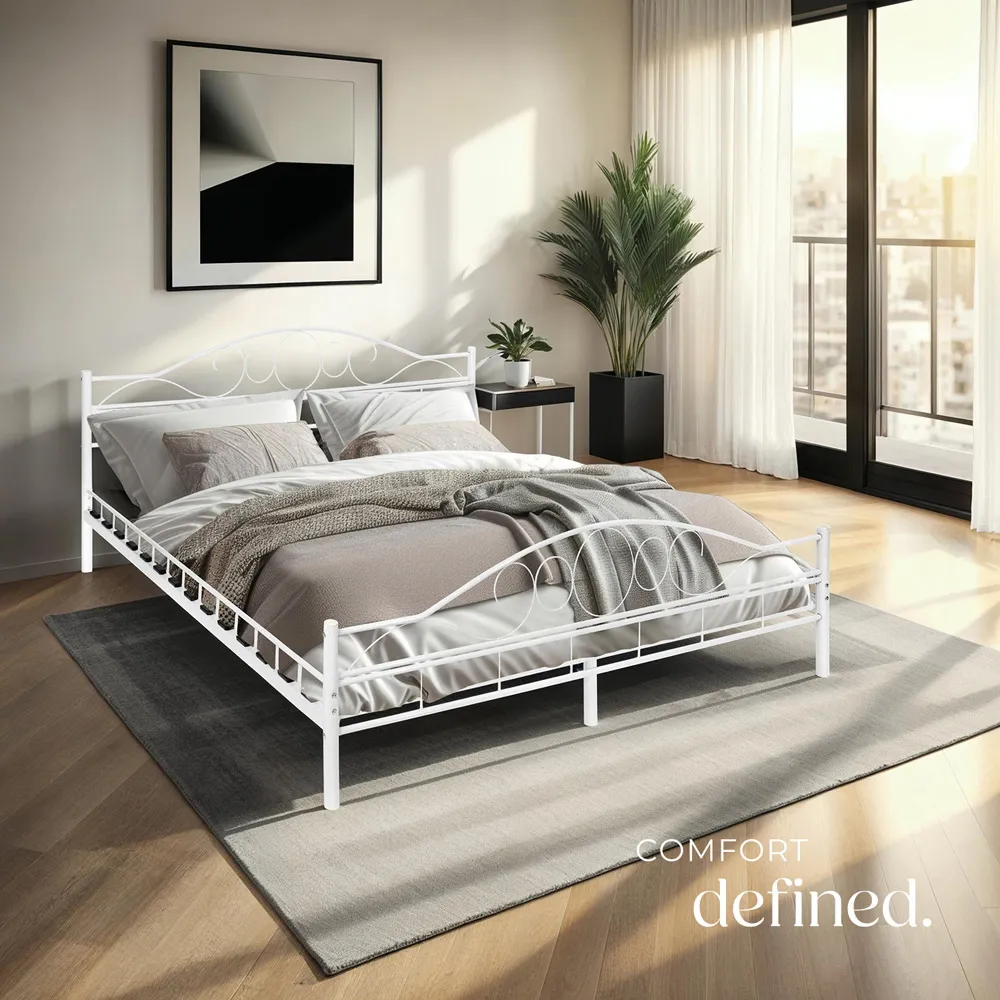 King Size Metal Bed Frame with Slatted Base - White