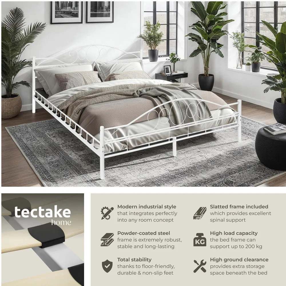 King Size Metal Bed Frame with Slatted Base - White