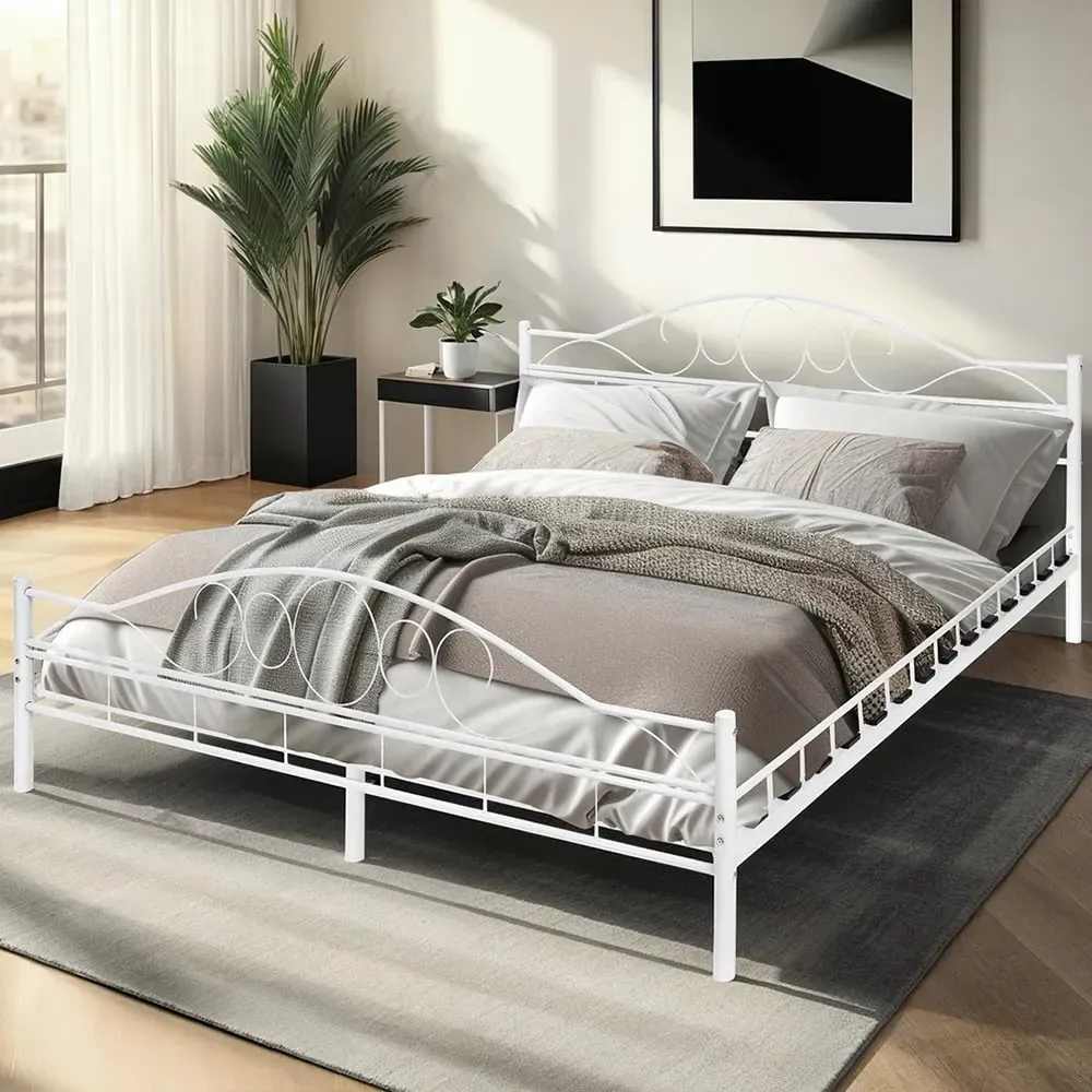 King Size Metal Bed Frame with Slatted Base - White
