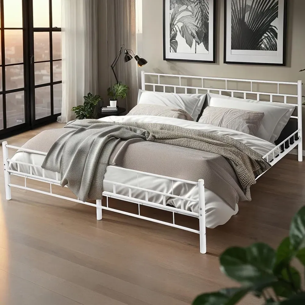 King Size Metal Bed Frame with Slatted Base - White image
