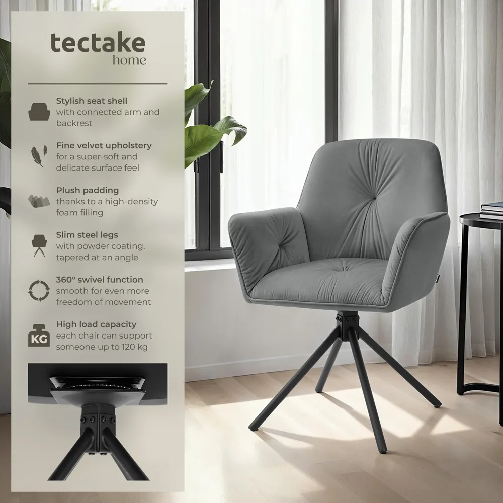 Lenia Set of 2 Swivel Chairs - Anthracite, Velvet Look