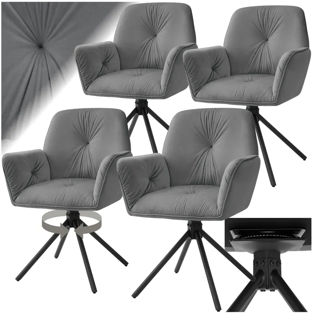 Lenia Set of 4 Swivel Chairs - Grey, Velvet