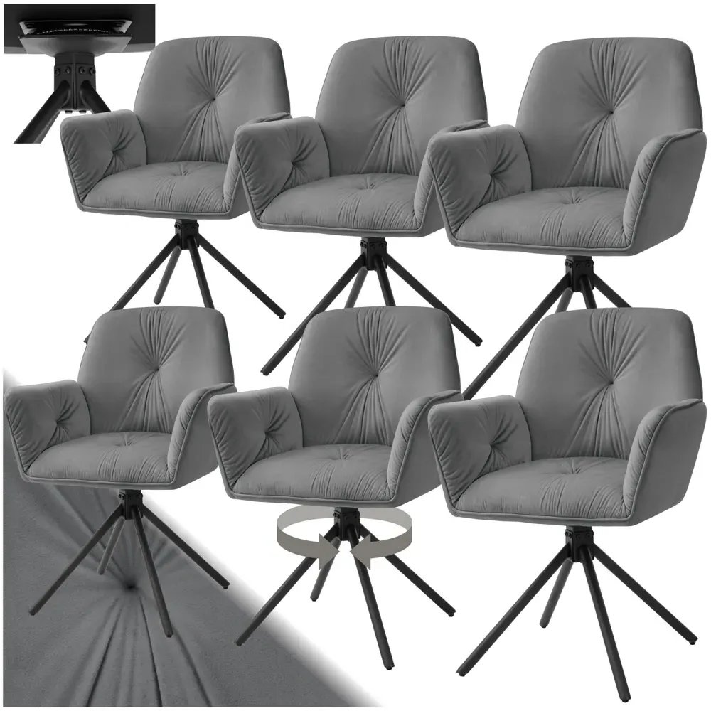 Lenia Set of 6 Swivel Chairs - Grey, Velvet
