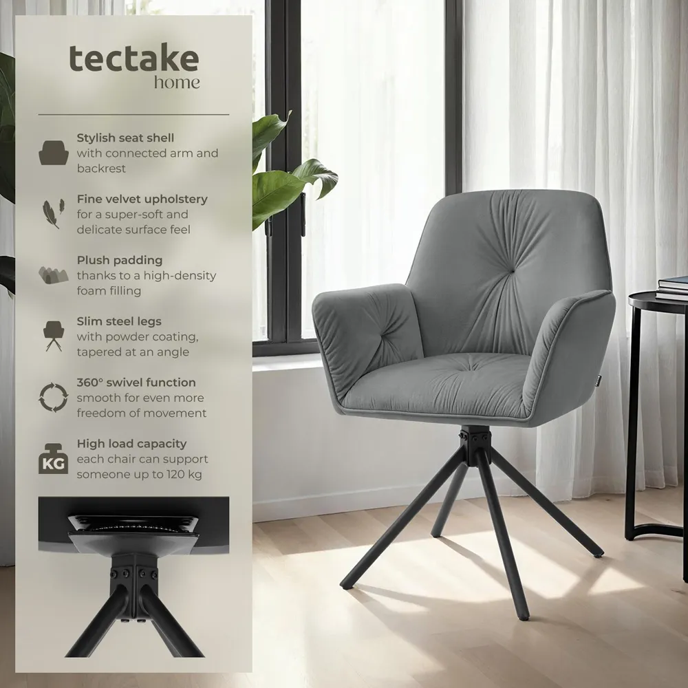 Lenia Set of 6 Swivel Chairs - Grey, Velvet