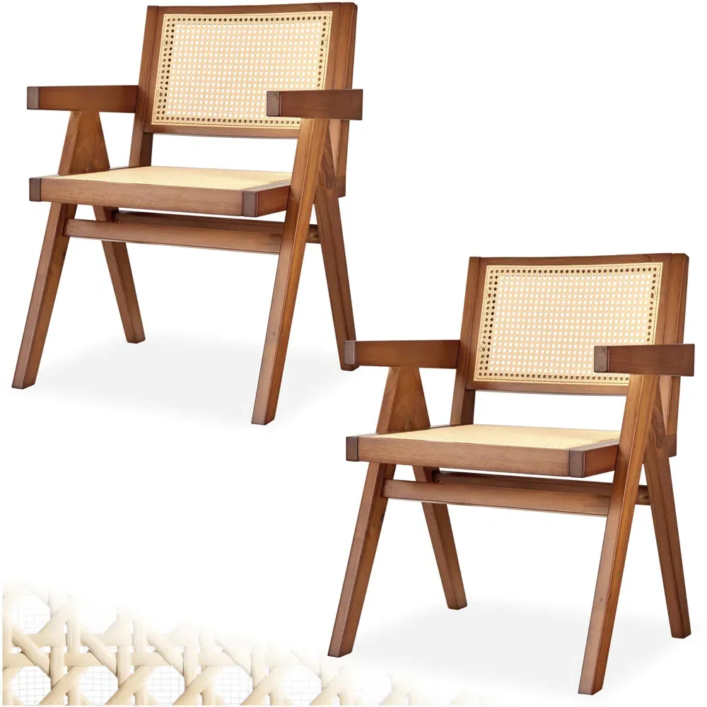 Lizzy Set of 2 Dark Oak Dining Chair with Rattan Backrest - Brown