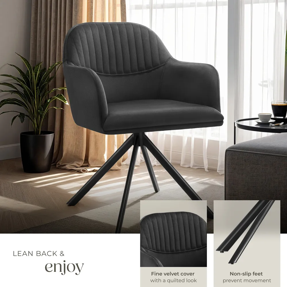 Lona Set of 4 Swivel Armchair - Black, Velvet