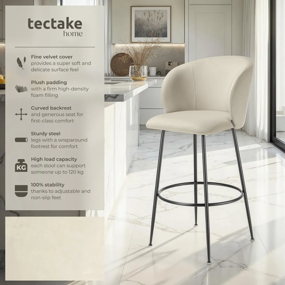 Luana Padded Bar Stool Set of 2 - Cream, Velvet