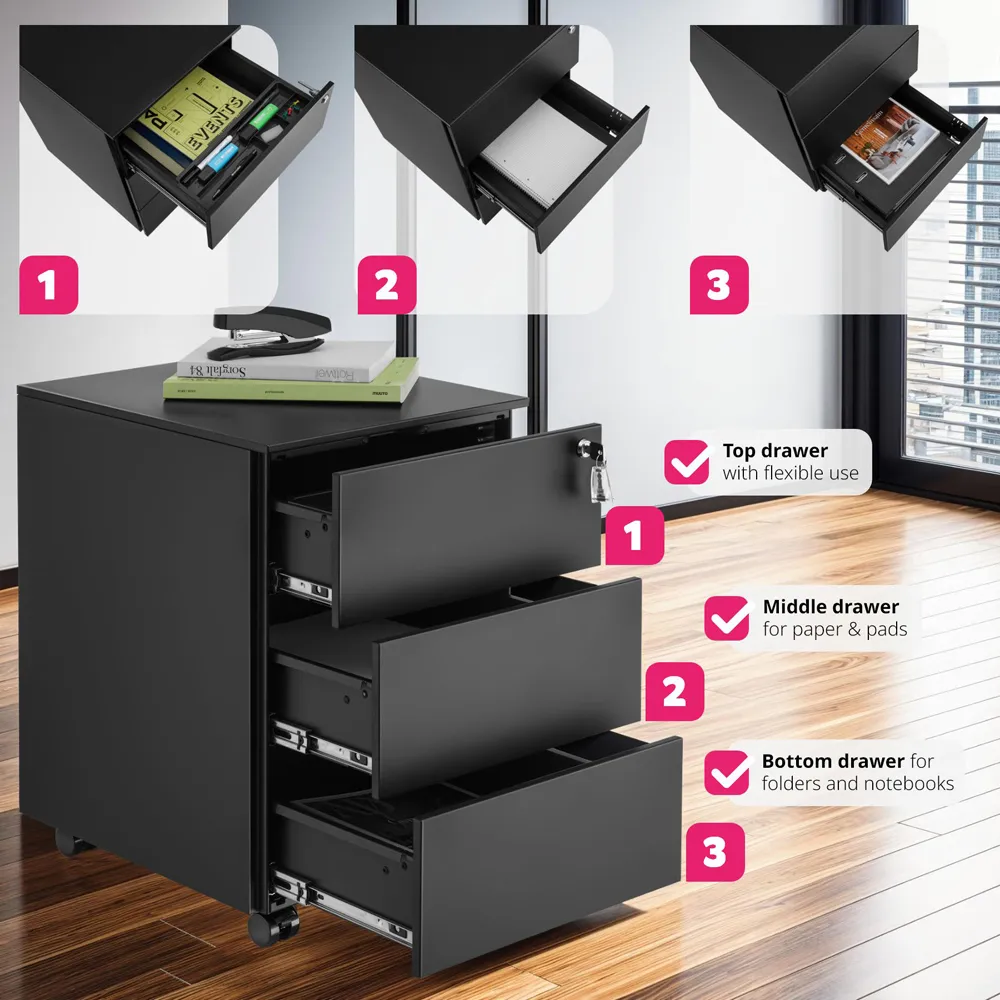 Magna 3 Drawer Lockable Chest of Drawers - Black, Steel