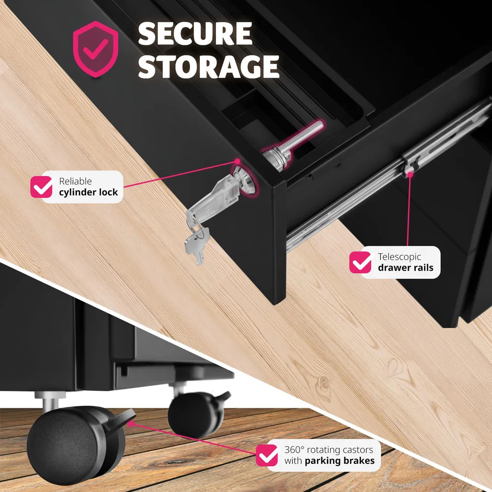 Magna 3 Drawer Lockable Chest of Drawers - Black, Steel