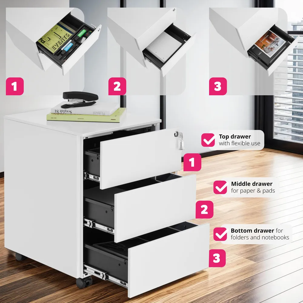 Magna 3 Drawer Lockable Chest of Drawers - White, Steel