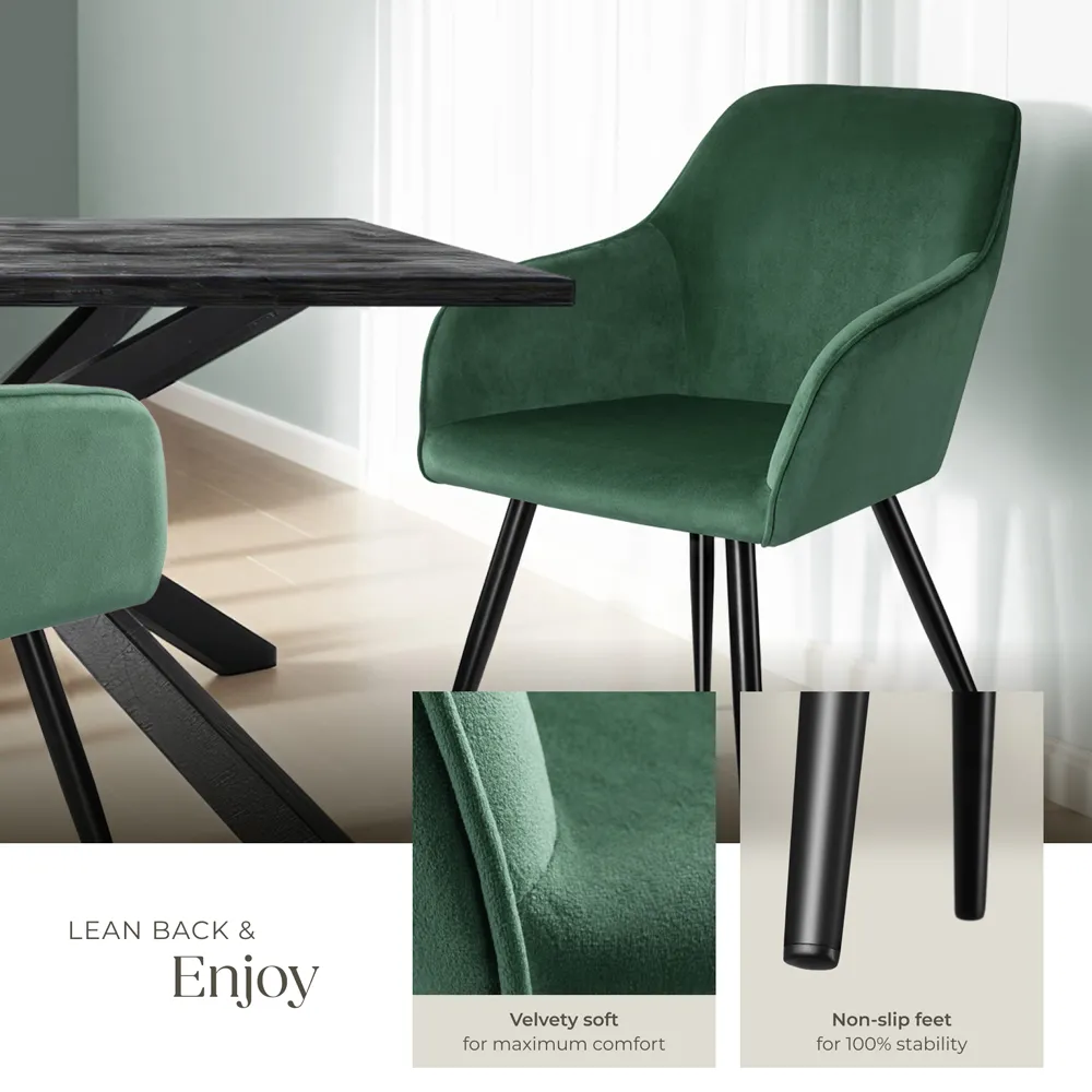 Marilyn Padded Dining Chair with Armrests - Green, Velvet