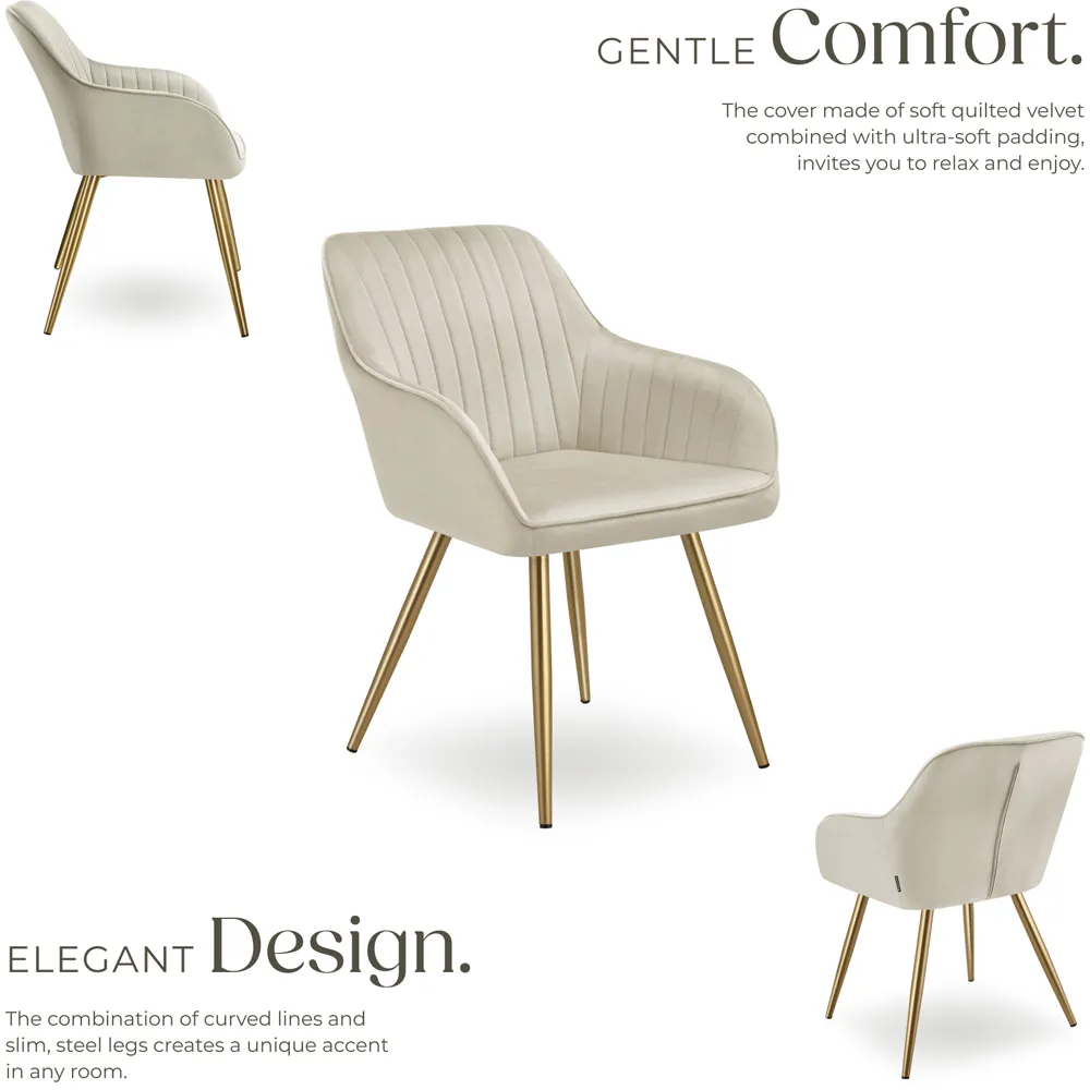 Marilyn Quilted Dining Chair with Armrests - Cream, Velvet