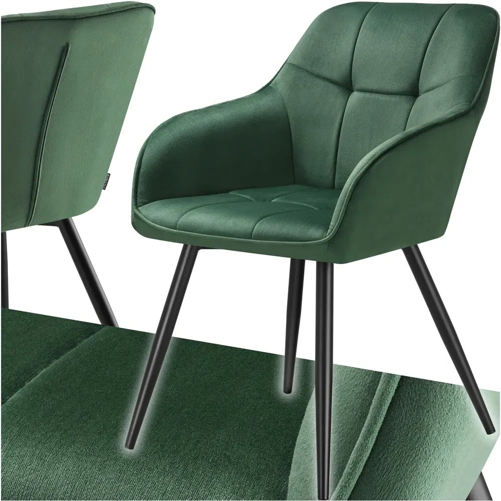 Marilyn Quilted Dining Chair with Armrests - Green, Velvet