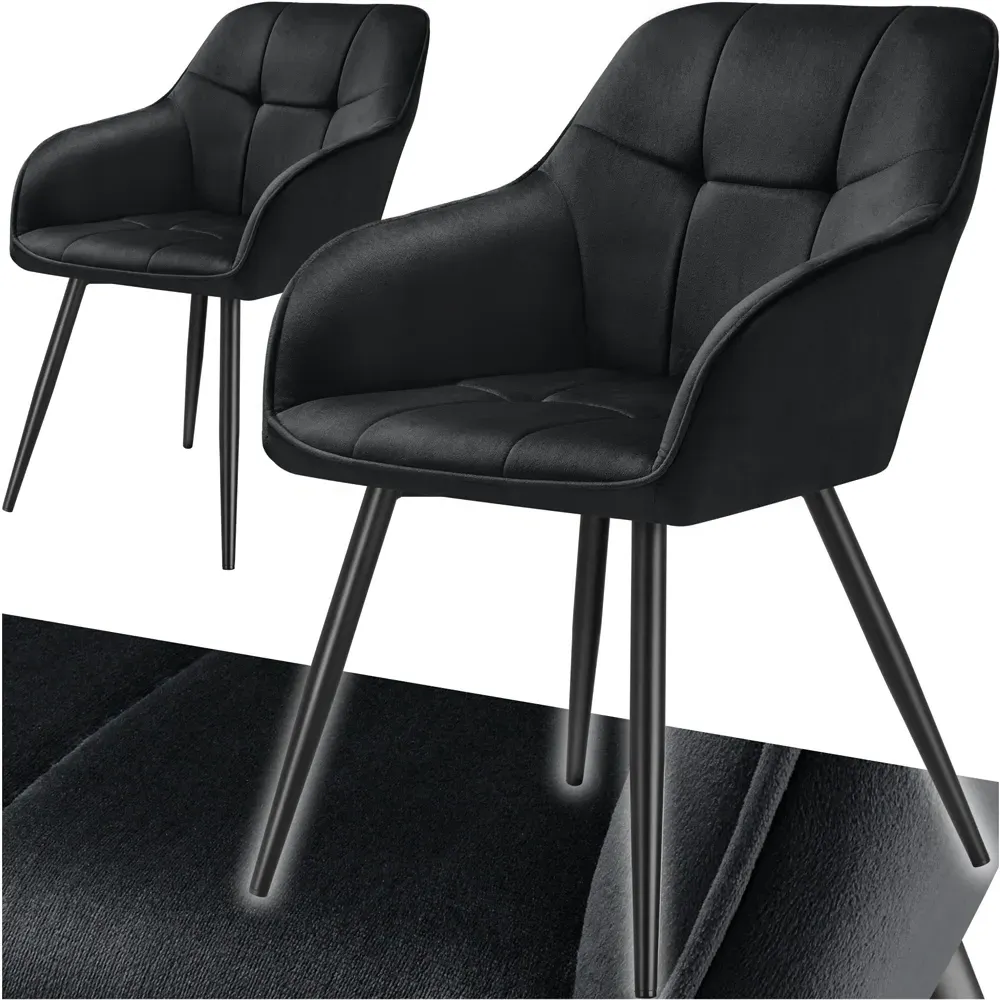 Marilyn Set of 2 Quilted Dining Chair with Armrest - Black, Velvet