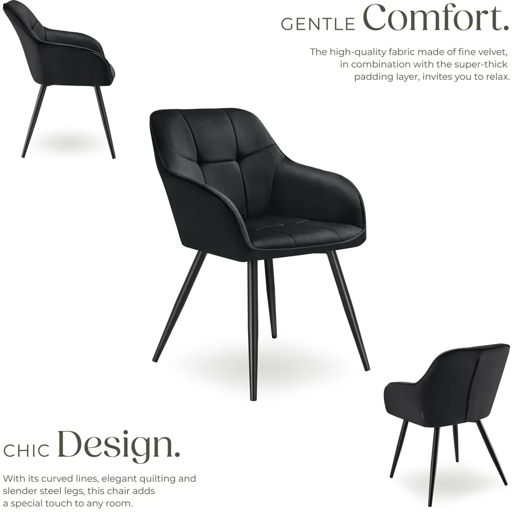 Marilyn Set of 2 Quilted Dining Chair with Armrest - Black, Velvet