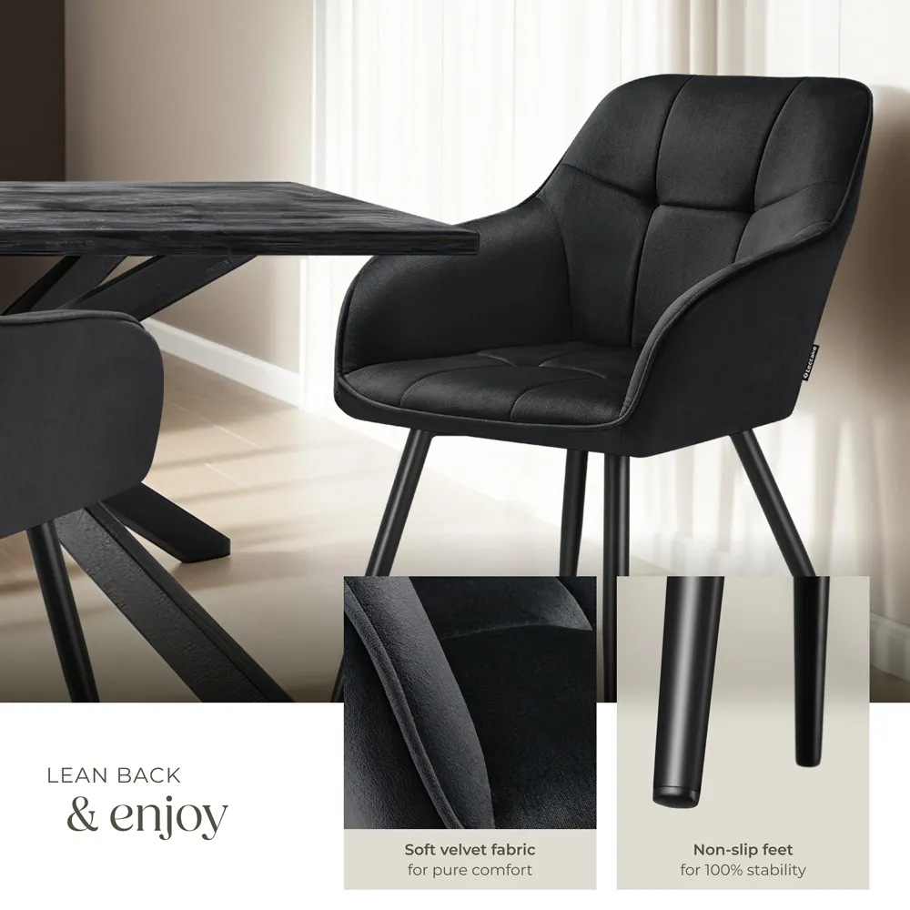 Marilyn Set of 2 Quilted Dining Chair with Armrest - Black, Velvet