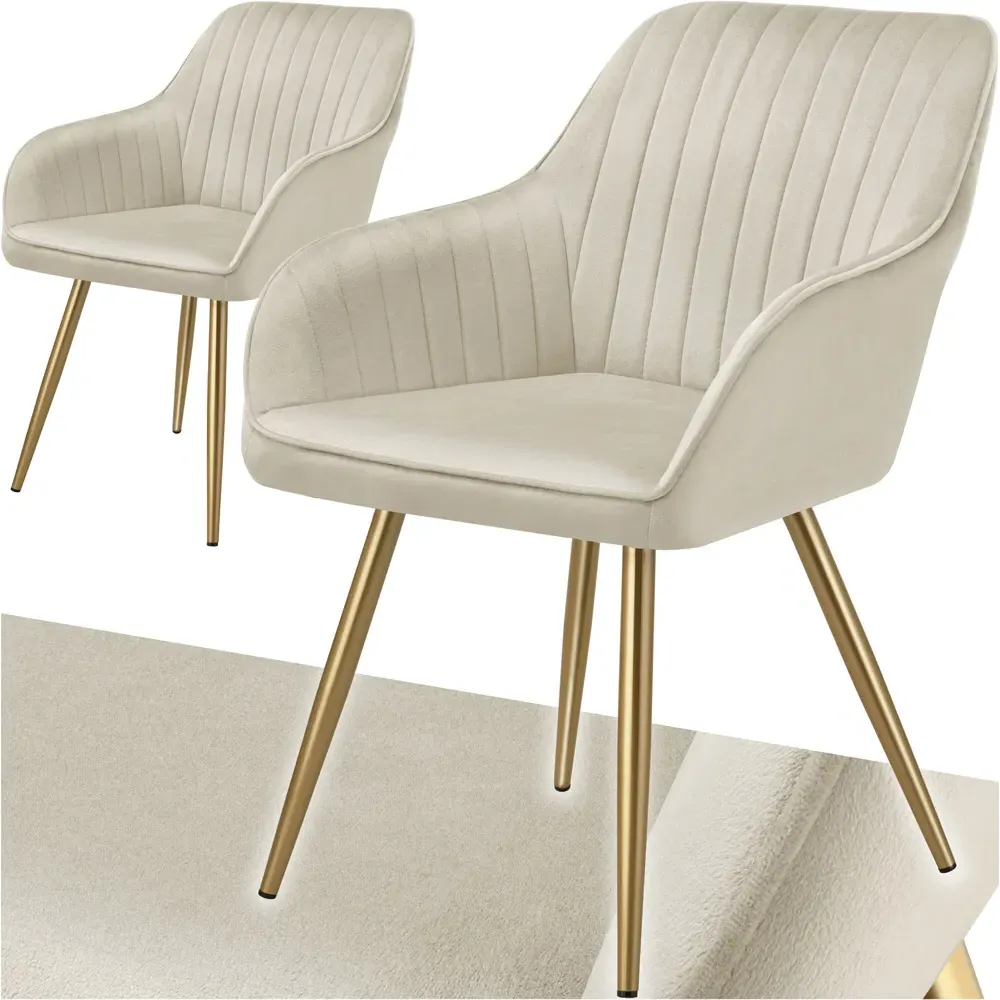 Marilyn Set of 2 Quilted Dining Chairs with Armrests - Cream, Velvet