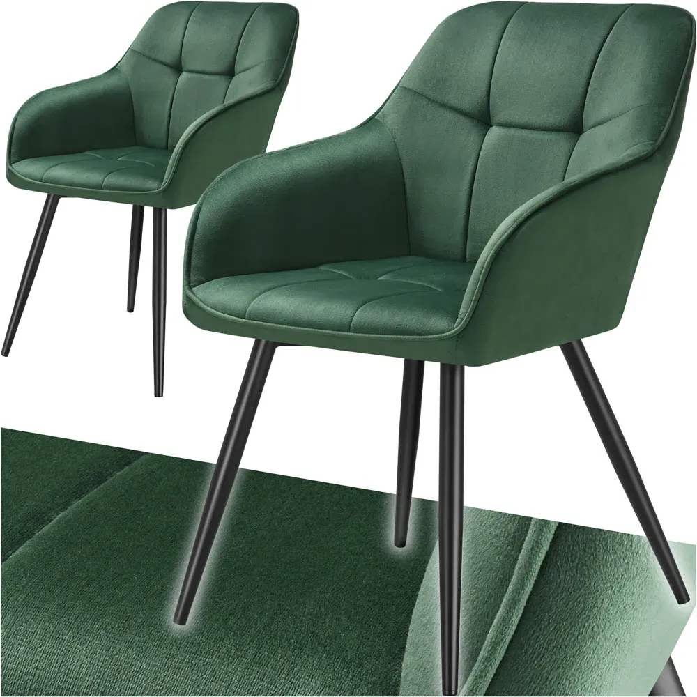 Marilyn Set of 2 Quilted Dining Chairs with Armrests - Green, Velvet