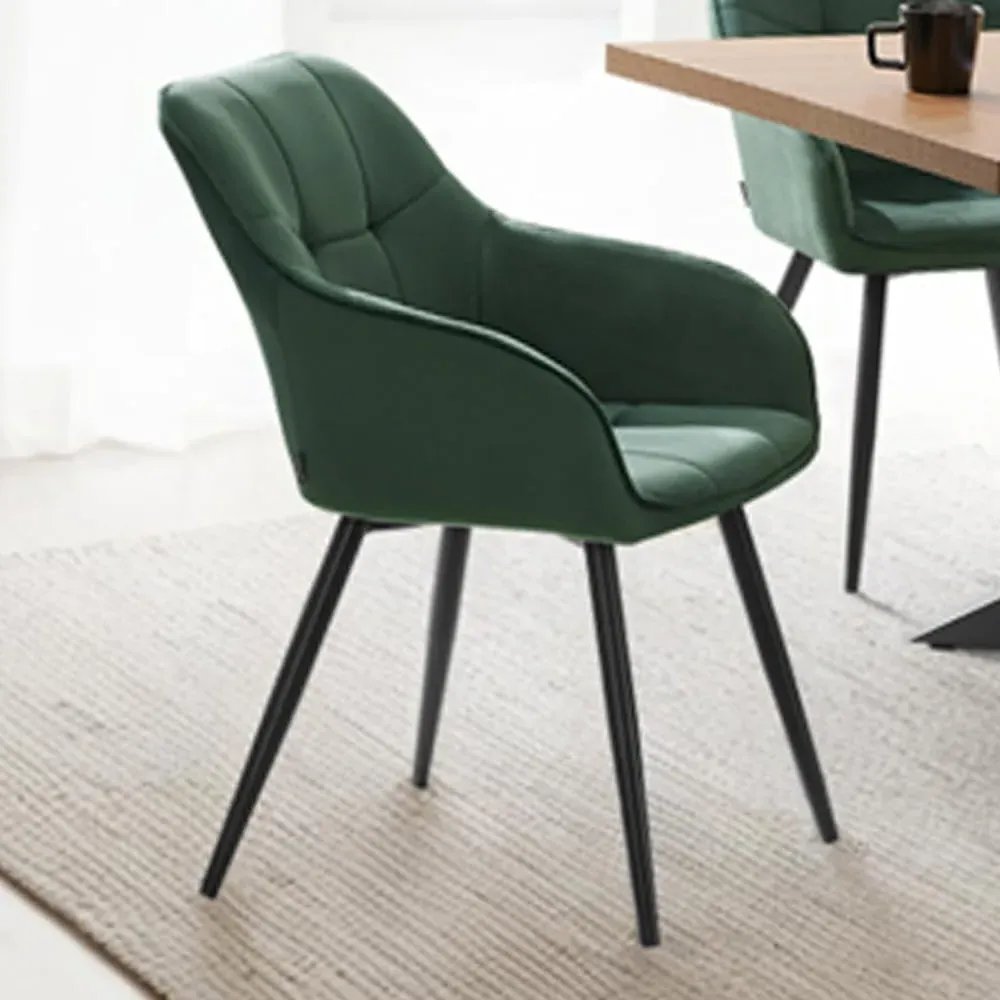 Marilyn Set of 2 Quilted Dining Chairs with Armrests - Green, Velvet
