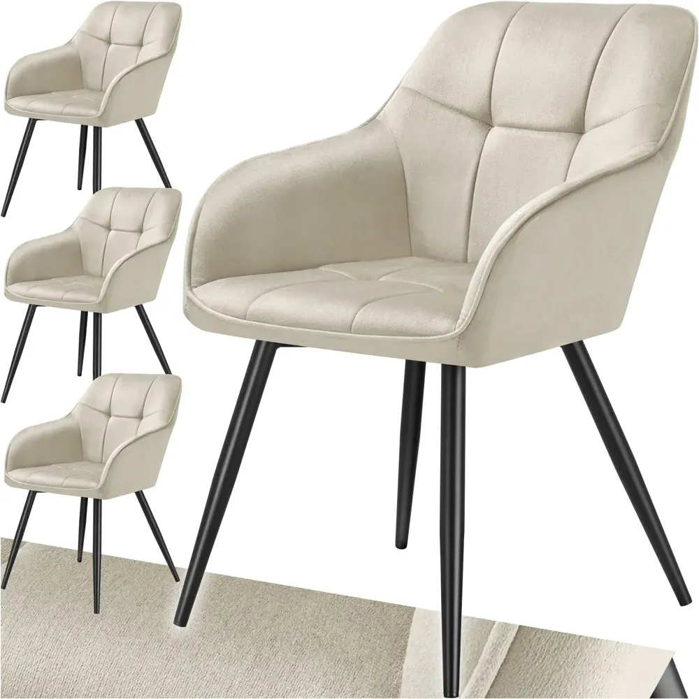 Marilyn Set of 4 Quilted Dining Chairs with Armrests - Cream, Velvet