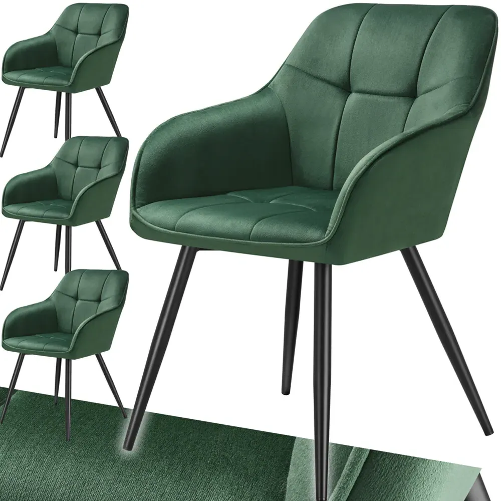 Marilyn Set of 4 Quilted Dining Chairs with Armrests - Green, Velvet