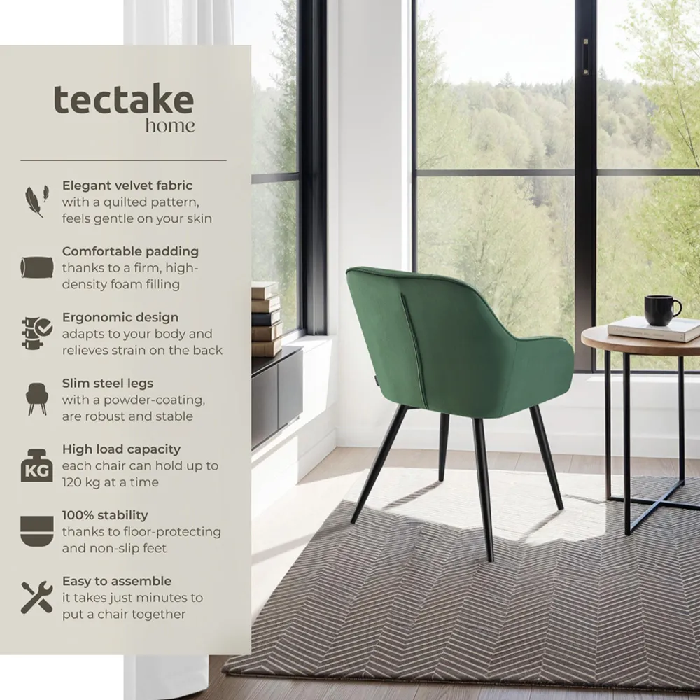 Marilyn Set of 4 Quilted Dining Chairs with Armrests - Green, Velvet