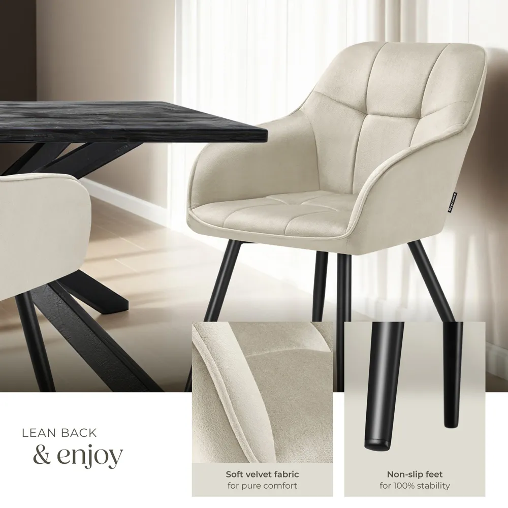 Marilyn Set of 6 Quilted Dining Chair with Armrest - Cream, Velvet