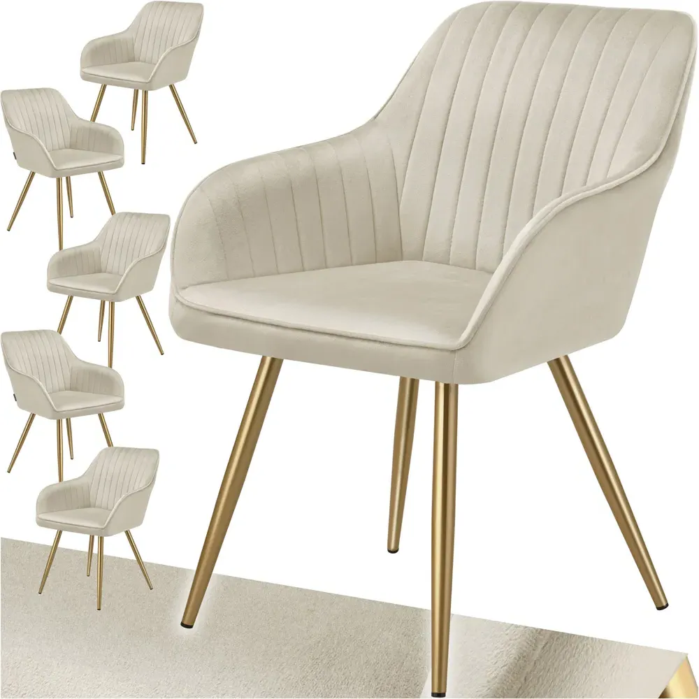 Marilyn Set of 6 Quilted Dining Chairs with Armrests - Cream, Velvet